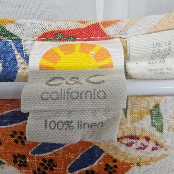 C&C California Orange Blue Floral Blouse Tee Linen Tropical Boho 1X - Picture 8 of 11